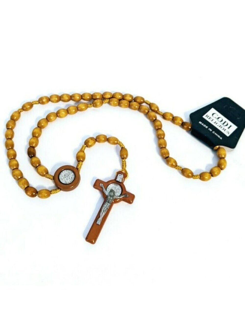 St. Benedict Corded Wooden Beads Rosary Light Brown